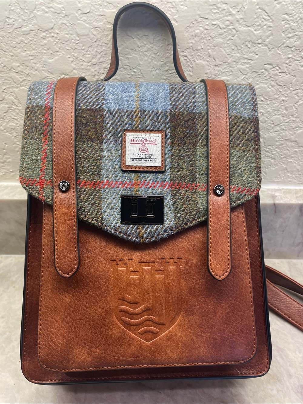 Brown Leather & Blue-Tone Tweed women’s Backpack - Harris Tweed